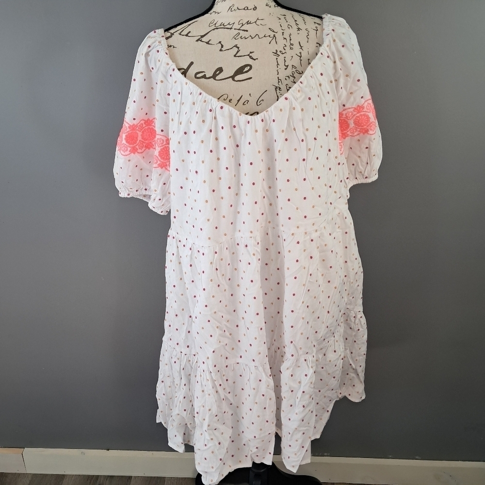 LOFT White Polka Dot Embroidered Tiered Swing Dress Size Large